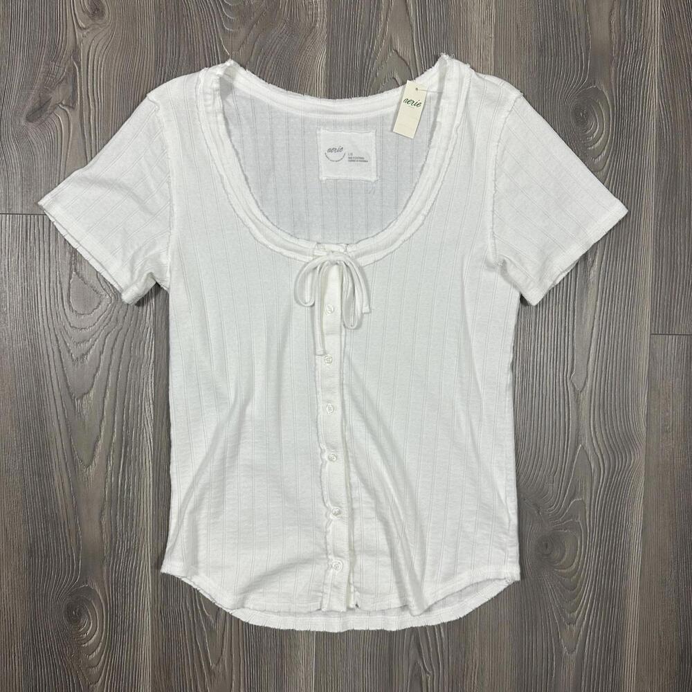 Aerie White Ribbed Button-Front Short Sleeve‎ Top - Feminine Summer Blouse, NWT